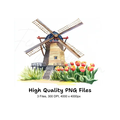 Rustic Windmill and Tulip Field Clipart Bundle