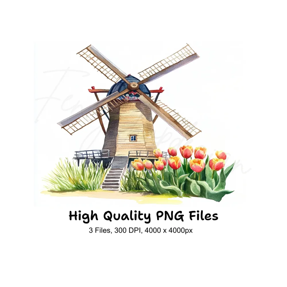 Rustic Windmill and Tulip Field Clipart Bundle