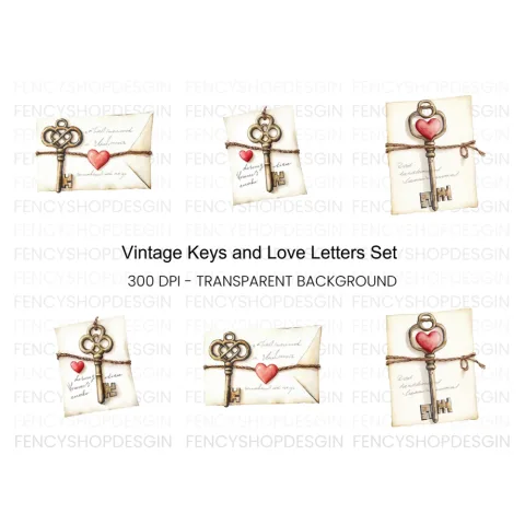 Vintage Keys and Love Letters Clipart Bundle