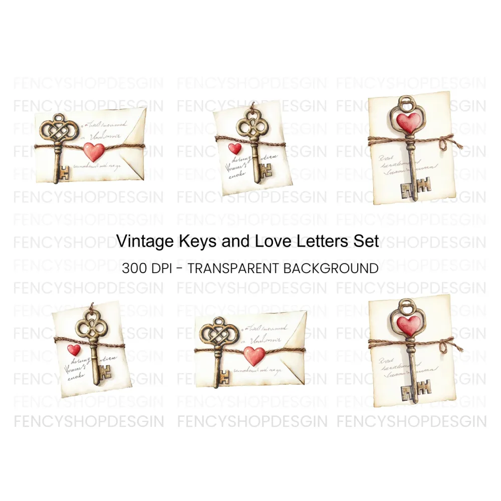 Vintage Keys and Love Letters Clipart Bundle