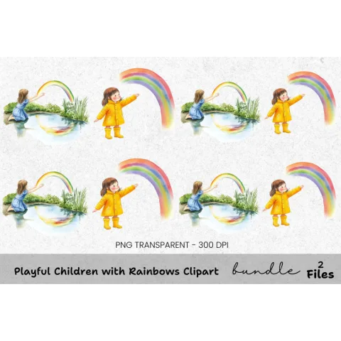 Playful Children with Rainbows Clipart Bundle