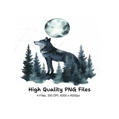 Majestic Wolf and Moon Forest Clipart Bundle