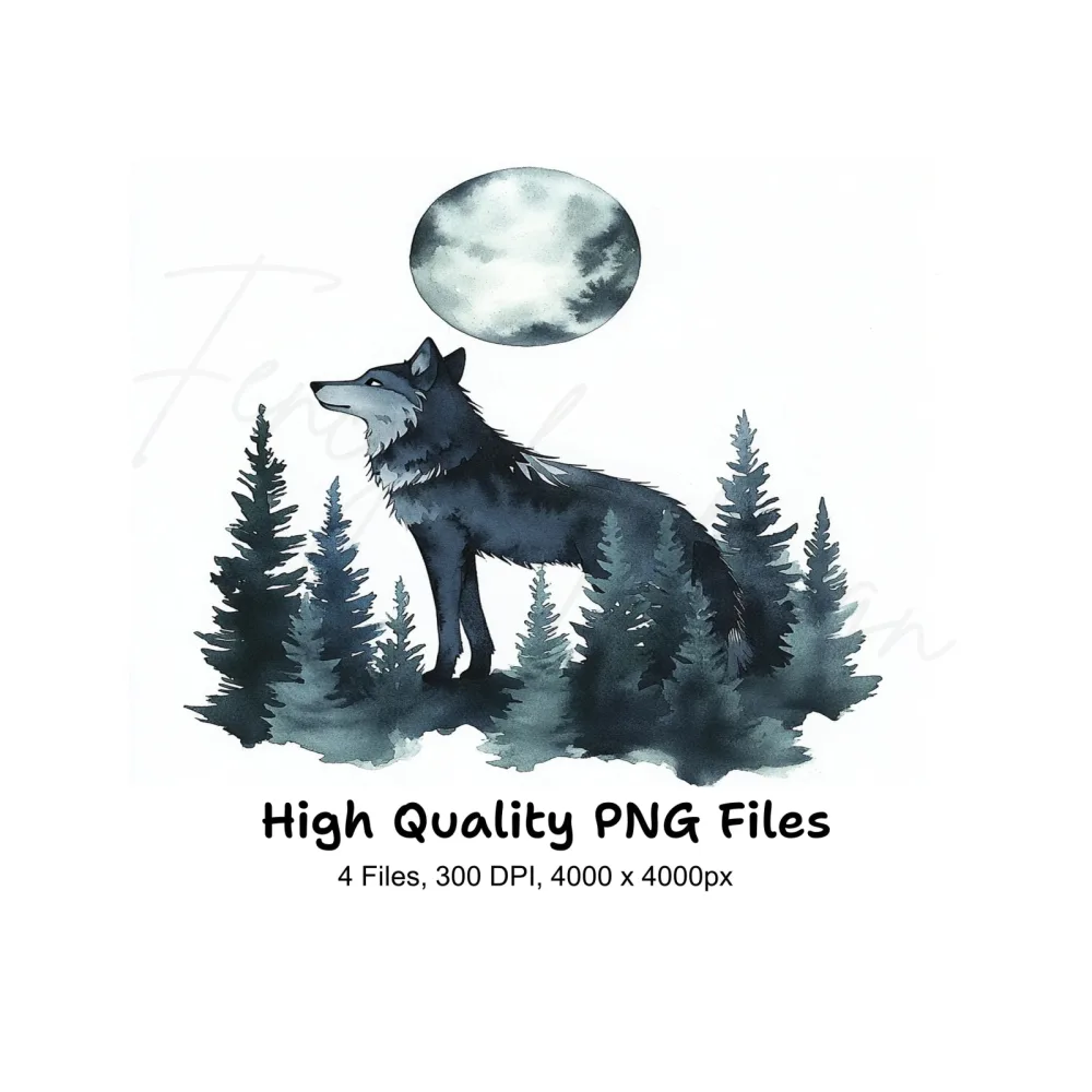 Majestic Wolf and Moon Forest Clipart Bundle