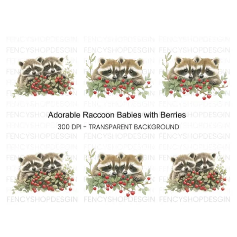 Sweet Raccoons with Berries Clipart Bundle