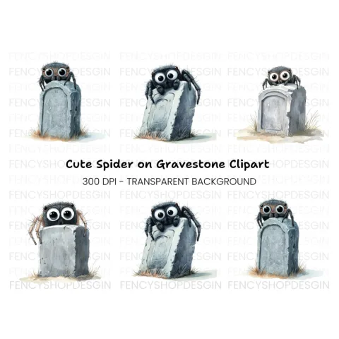 Cute Spiders on Gravestones Clipart Bundle