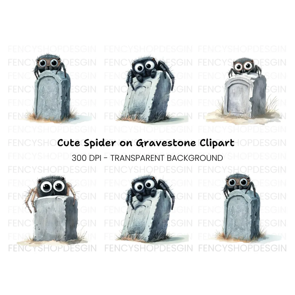 Cute Spiders on Gravestones Clipart Bundle