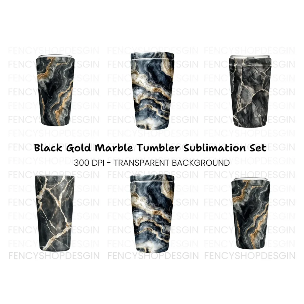 Black and Gold Marble Tumbler Clipart Bundle
