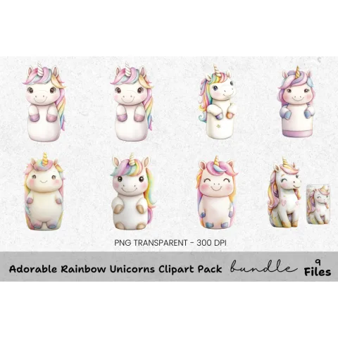 Adorable Rainbow Unicorns Clipart Bundle