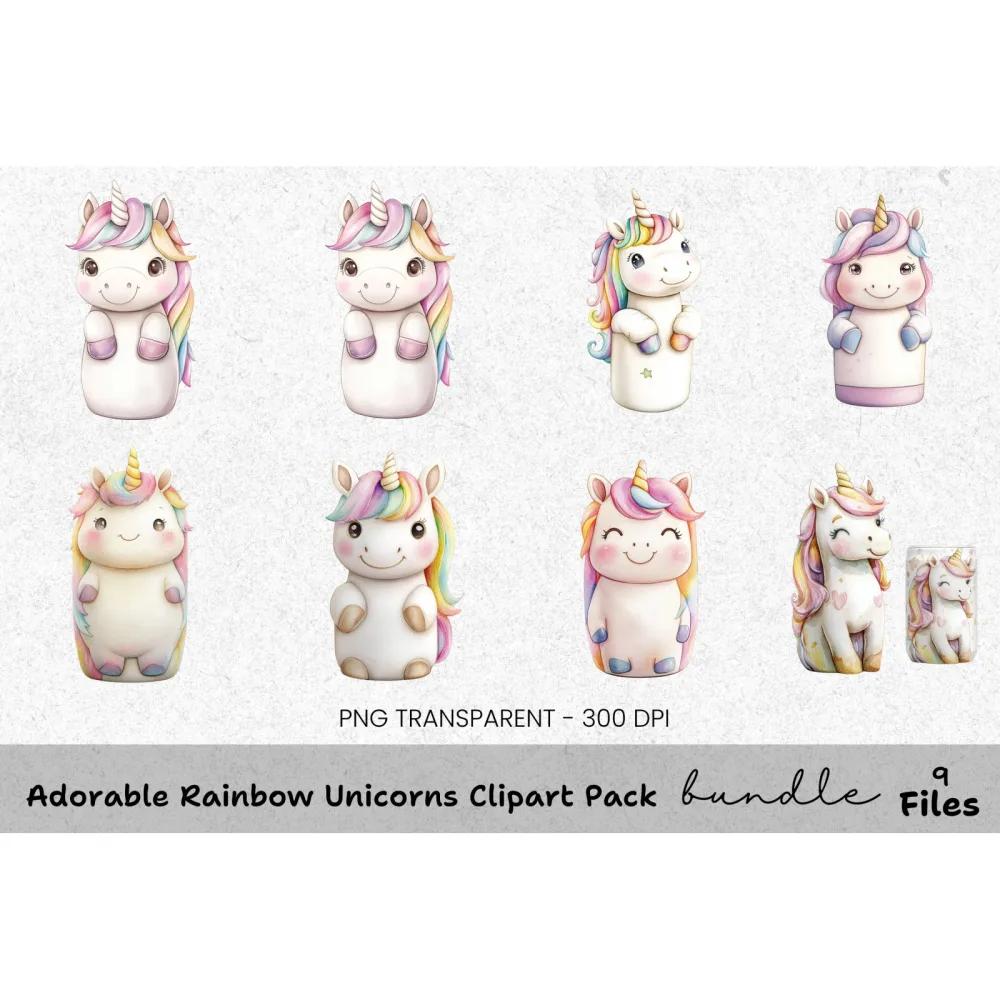 Adorable Rainbow Unicorns Clipart Bundle