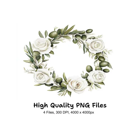 White Rose Olive Wreath Clipart Bundle