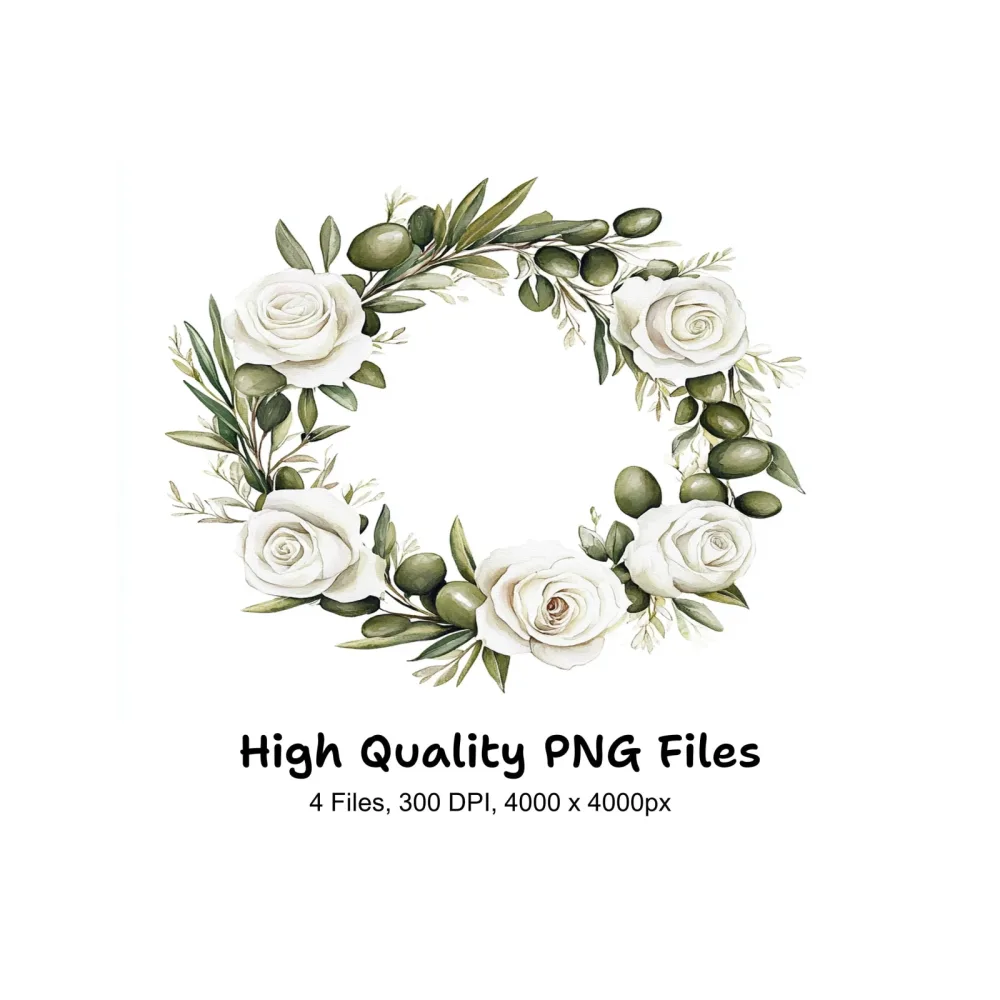 White Rose Olive Wreath Clipart Bundle