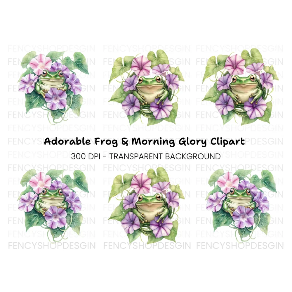 Cute Frogs and Morning Glories Clipart Bundle