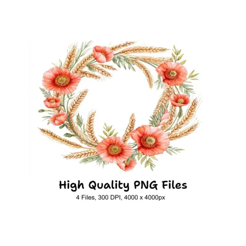 Poppy and Wheat Field Wreaths Clipart Bundle