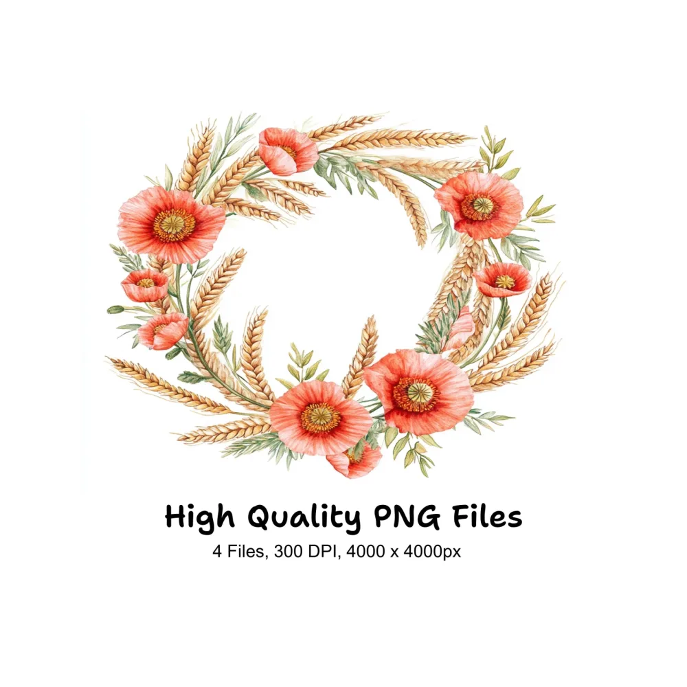 Poppy and Wheat Field Wreaths Clipart Bundle