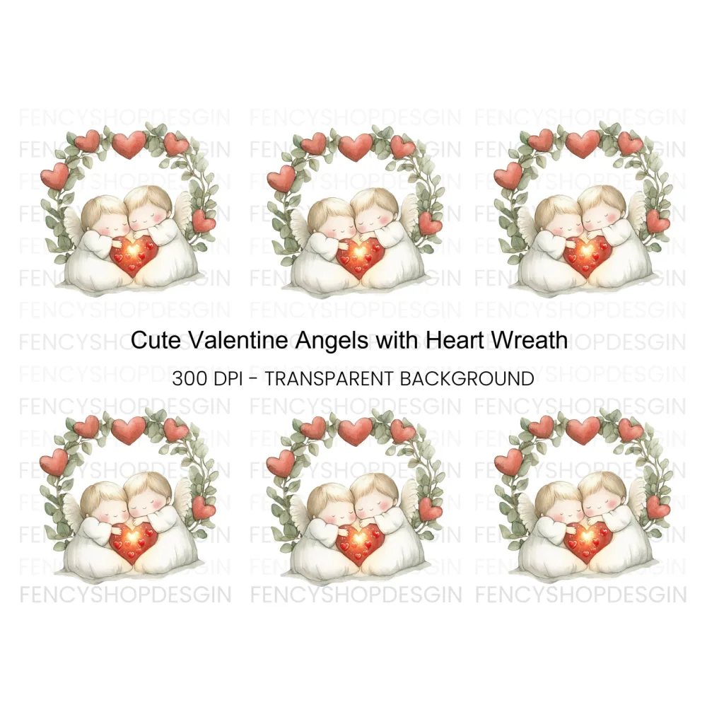 Cute Angel Couple with Heart Wreath Clipart Bundle