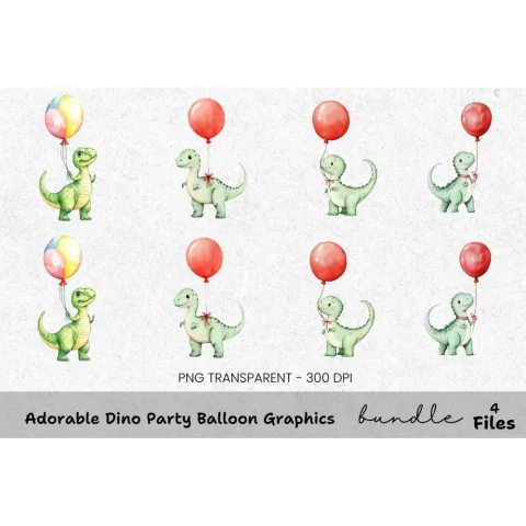 Adorable Dino Party Balloon Graphics Clipart Bundle