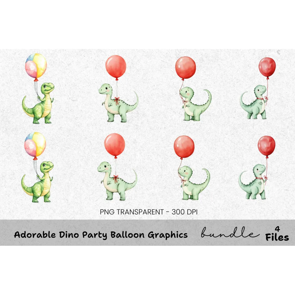 Adorable Dino Party Balloon Graphics Clipart Bundle