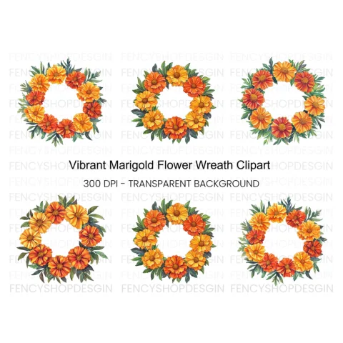 Vibrant Marigold Flower Wreath Clipart Bundle