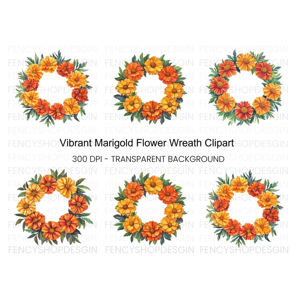 Vibrant Marigold Flower Wreath Clipart Bundle