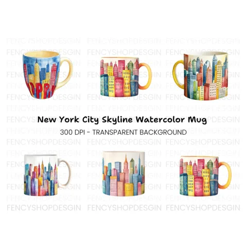 Colorful NYC Skyline Mugs Clipart Bundle