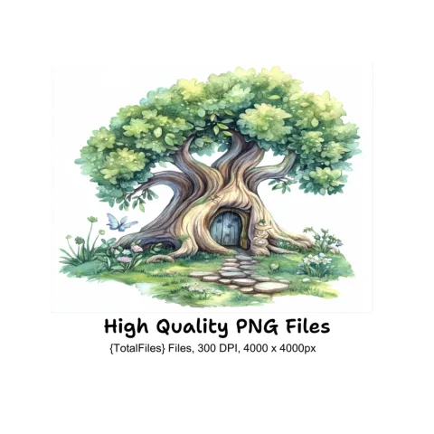 Whimsical Fairy House Tree Clipart Bundle