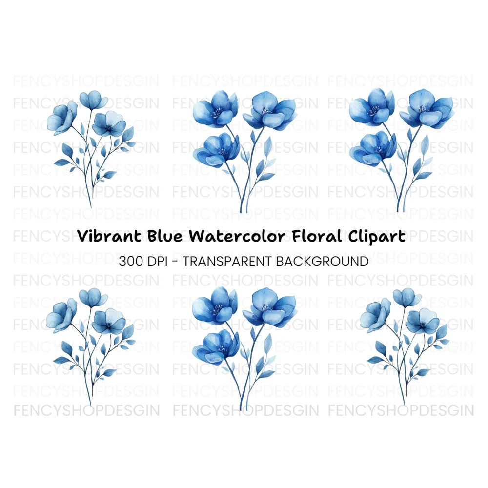 Elegant Blue Flowers Clipart Bundle