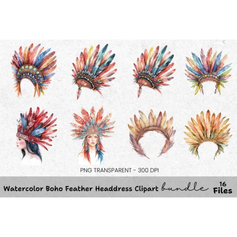 Boho Feather Headdress Clipart Bundle
