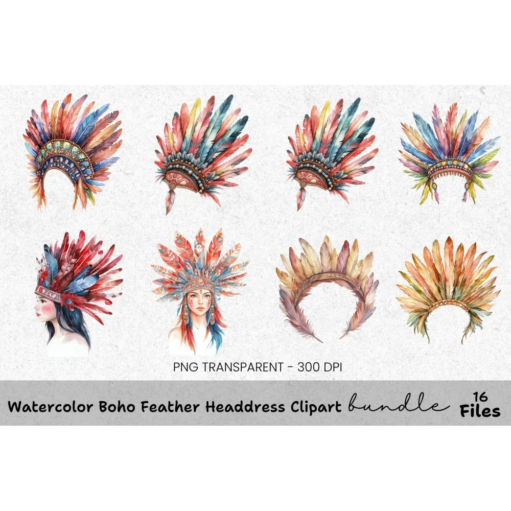 Boho Feather Headdress Clipart Bundle