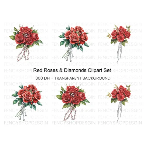 Red Rose Bouquets with Diamond Accents Clipart Bundle