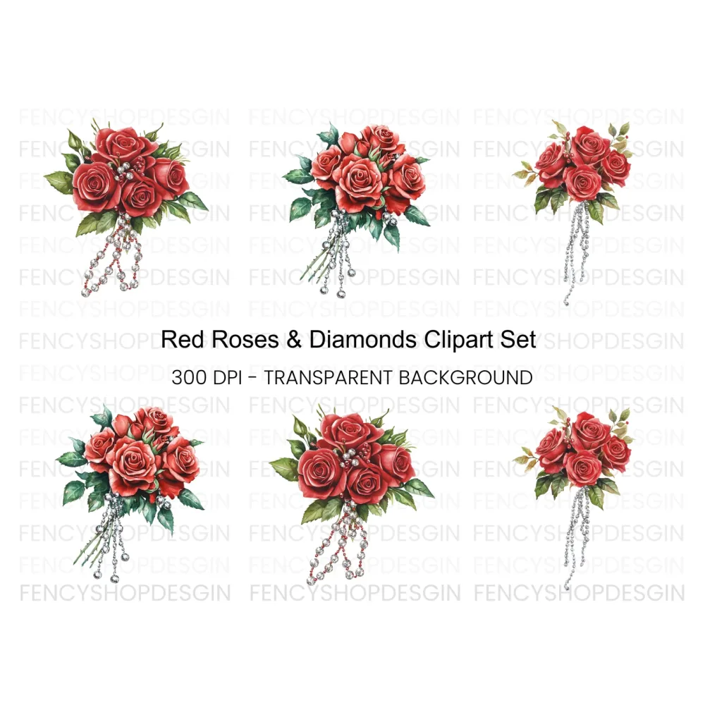 Red Rose Bouquets with Diamond Accents Clipart Bundle