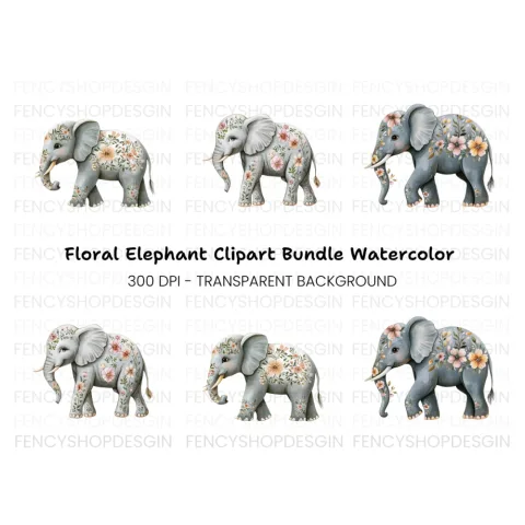 Floral Elephant Clipart Bundle