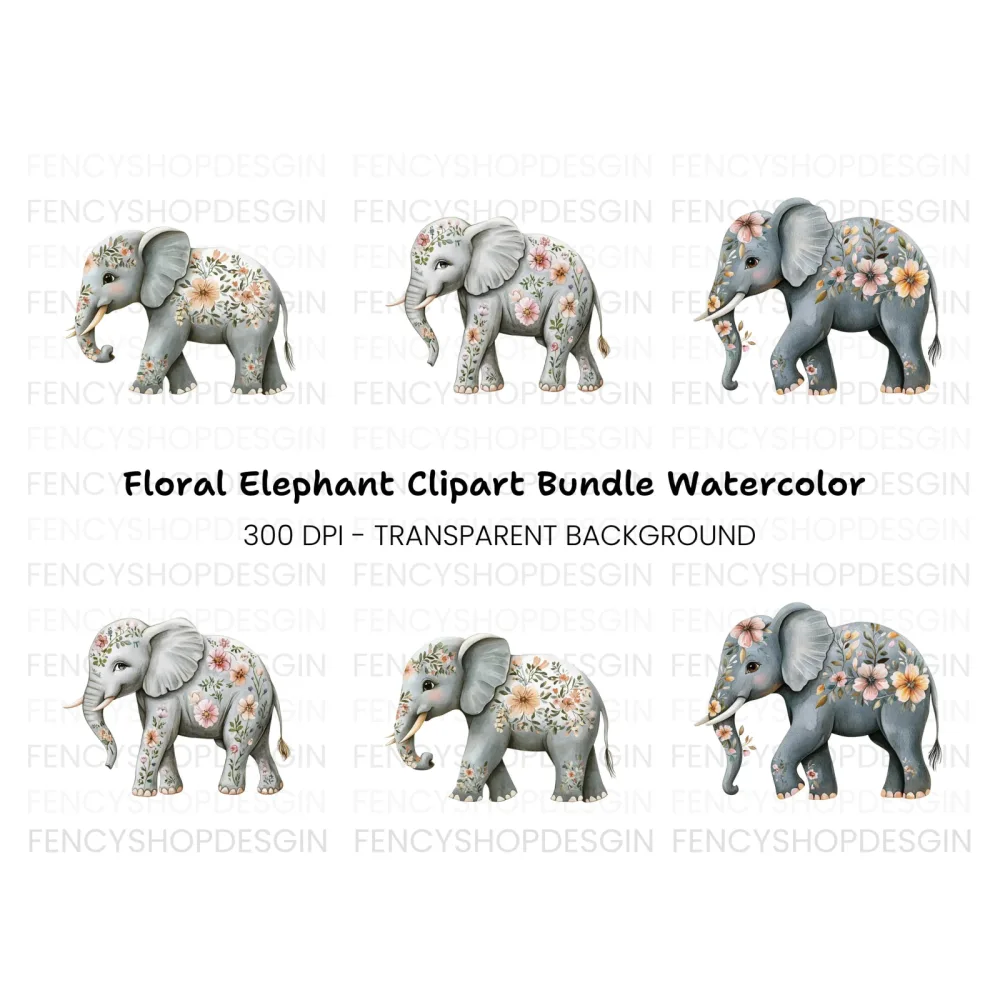 Floral Elephant Clipart Bundle