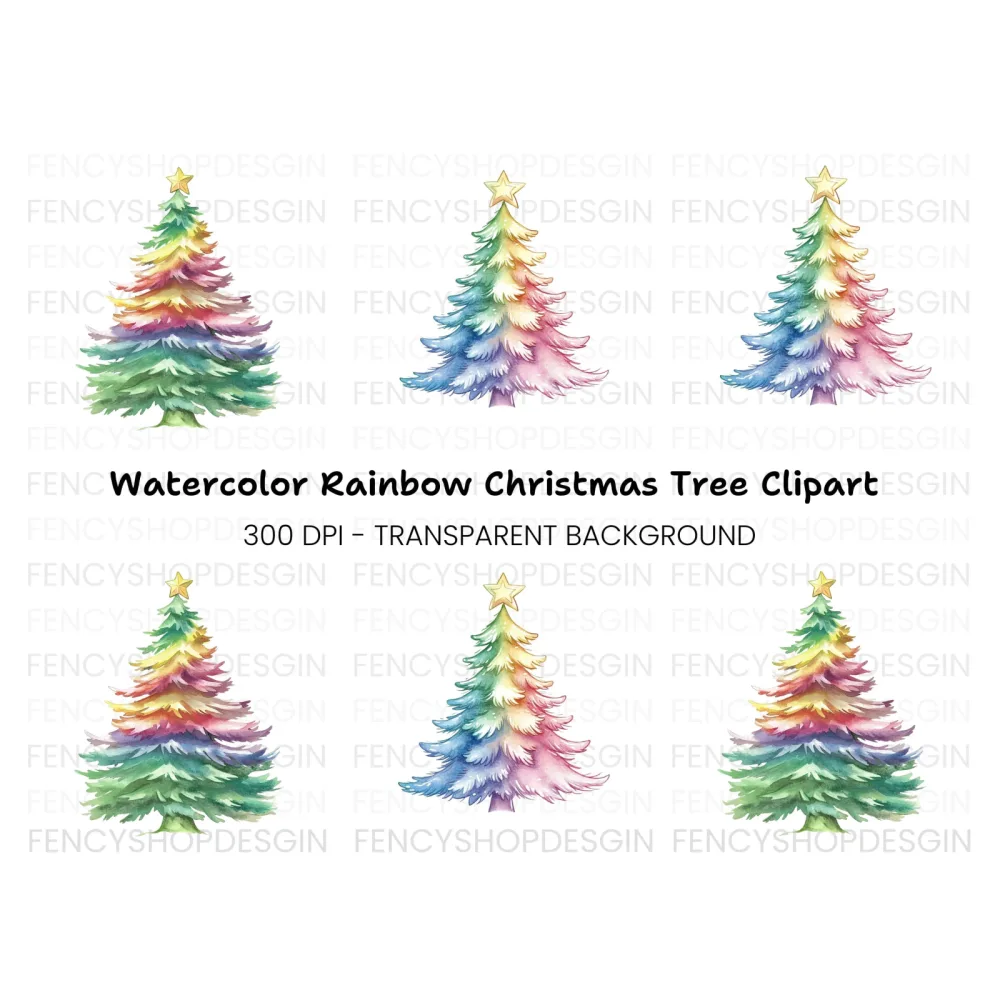 Rainbow Christmas Trees Clipart Bundle