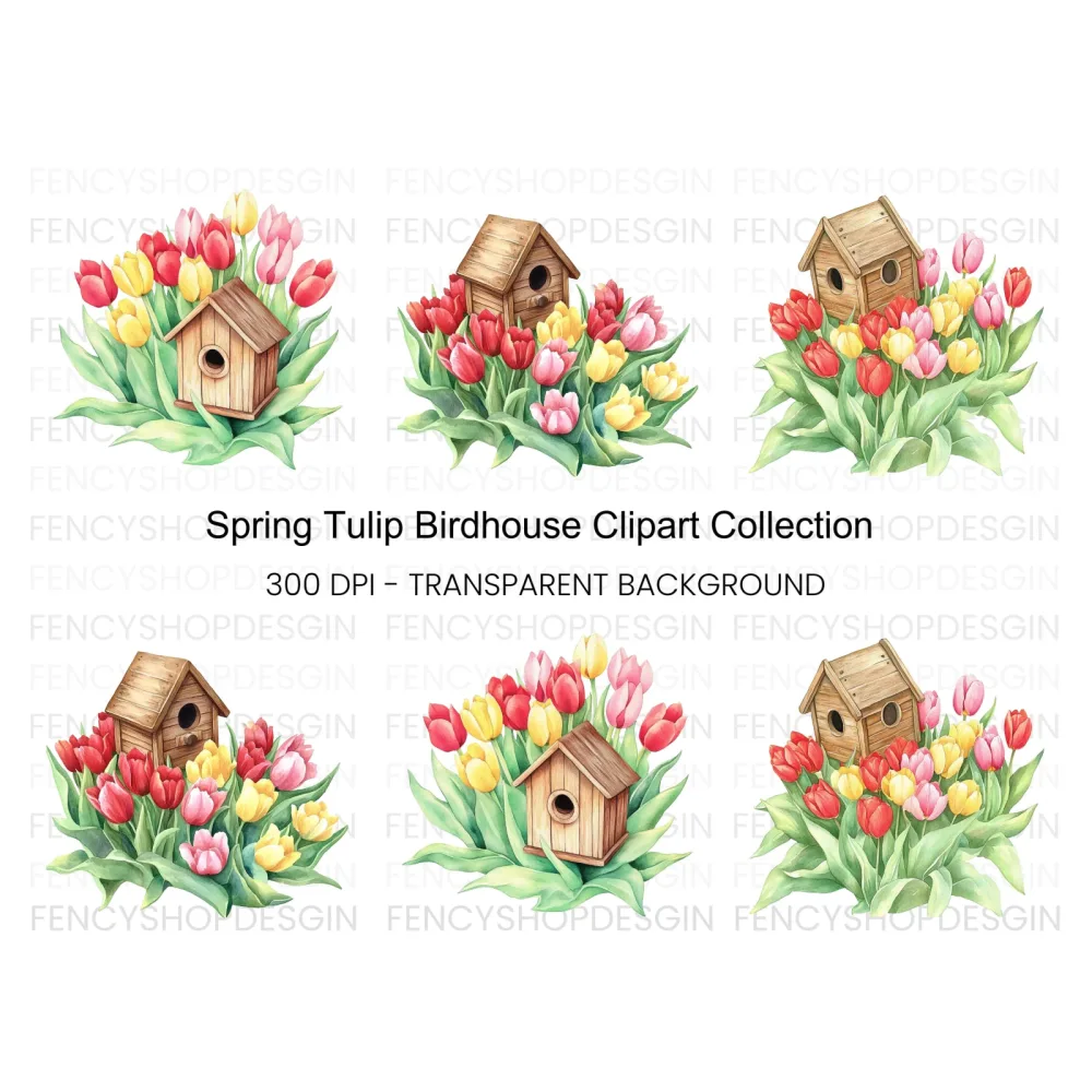 Birdhouse and Tulip Clipart Bundle