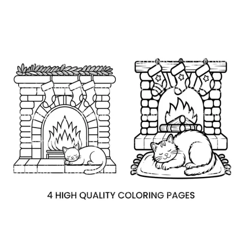 Christmas Fireplace Cat Coloring Books
