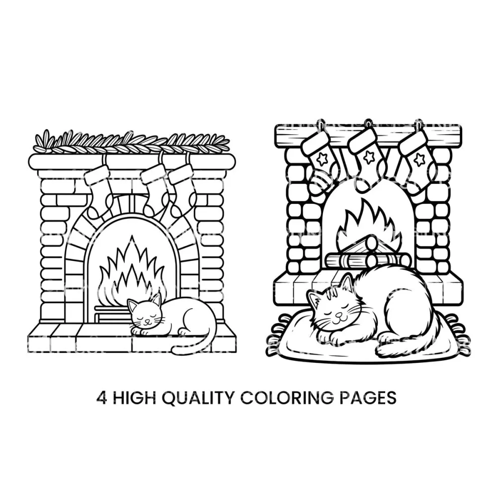 Christmas Fireplace Cat Coloring Books