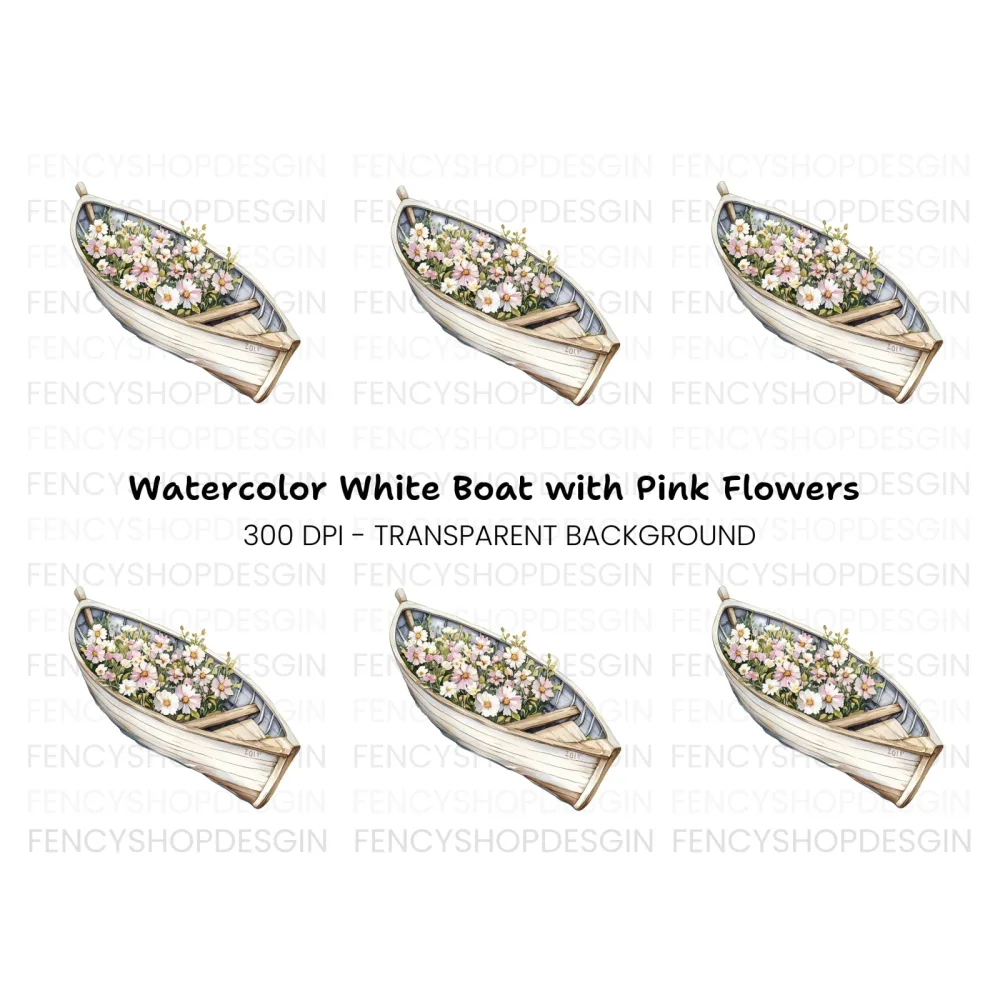 Boat with Pink and White Flowers Clipart Bundle