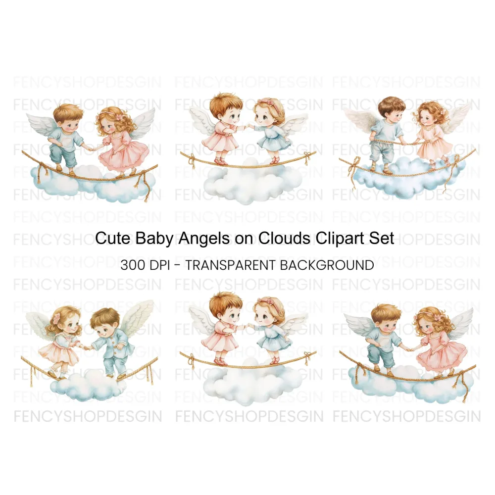 Cute Angel Couples on Cloud Clipart Bundle