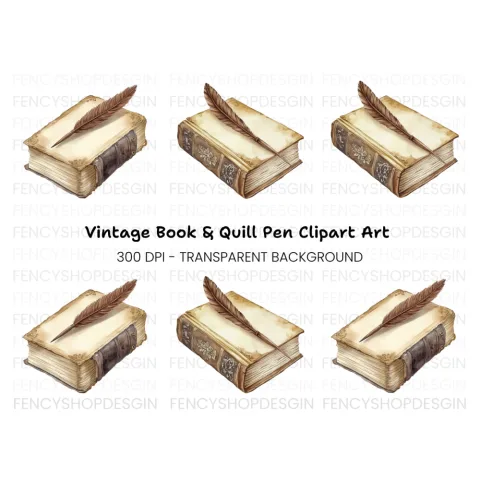 Vintage Books and Quill Pen Clipart Bundle