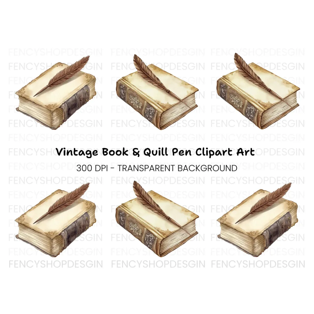 Vintage Books and Quill Pen Clipart Bundle