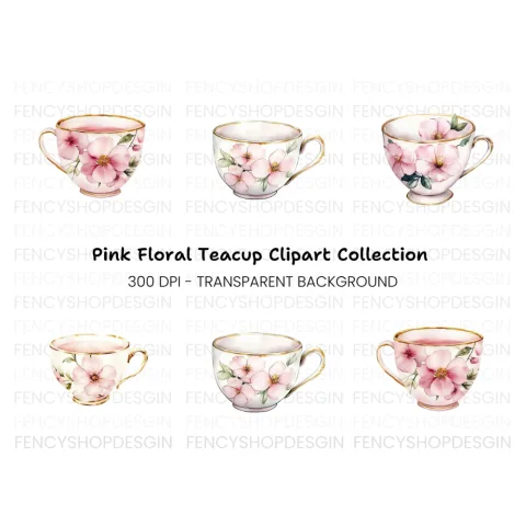 Pink Blossom Teacups Clipart Bundle