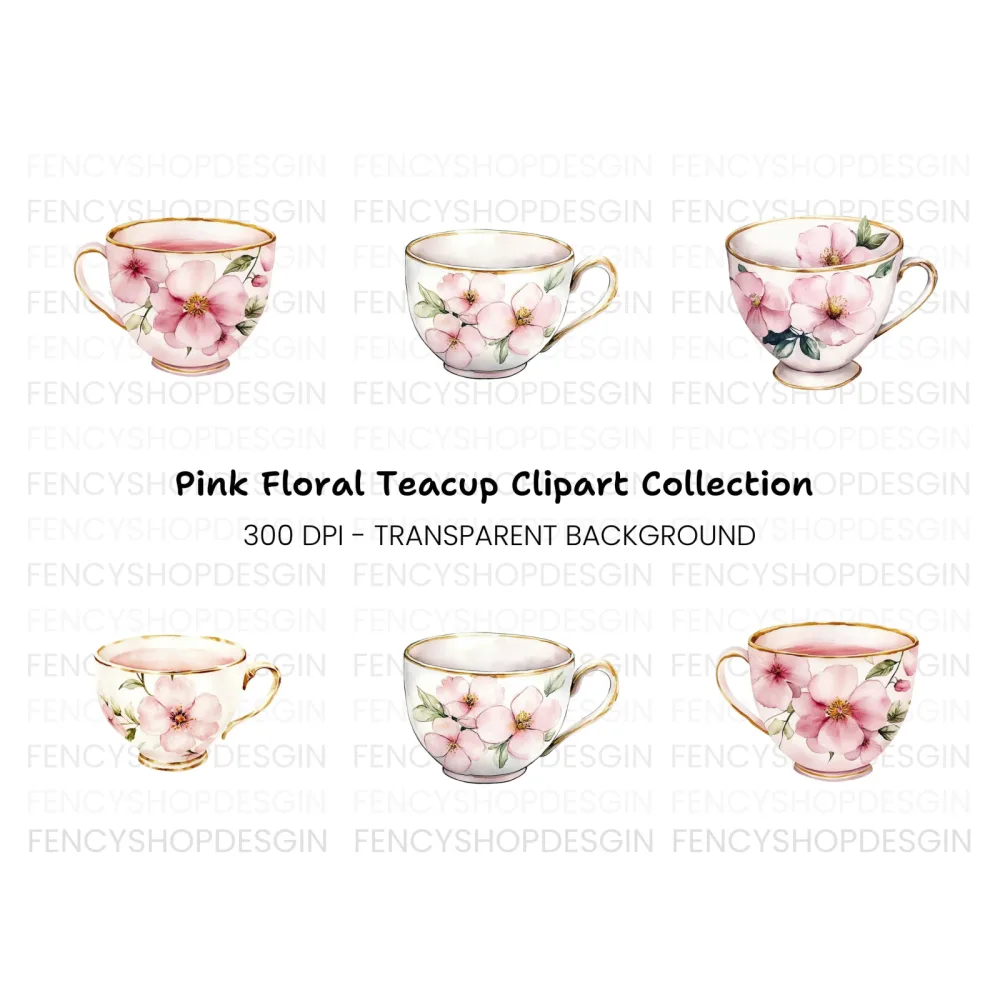 Pink Blossom Teacups Clipart Bundle
