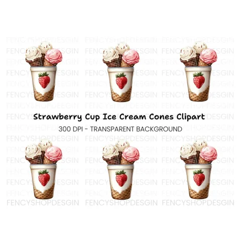 Strawberry Cup Ice Cream Cones Clipart Bundle
