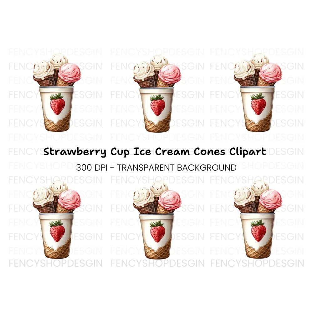 Strawberry Cup Ice Cream Cones Clipart Bundle