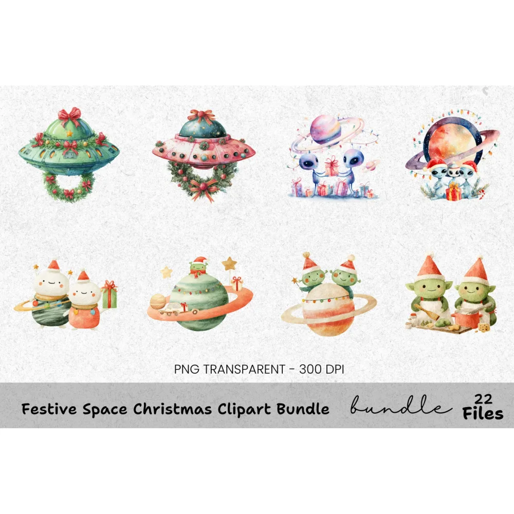 Space Christmas Alien Worlds Clipart Bundle
