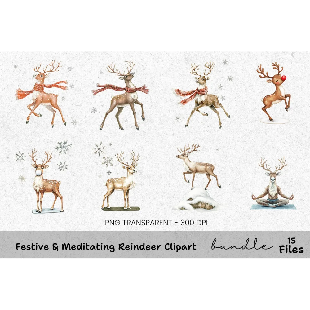 Meditating Reindeer Winter Clipart Bundle