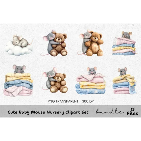 Cute Baby Mouse Nursery Clipart Bundle