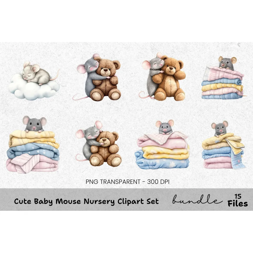 Cute Baby Mouse Nursery Clipart Bundle