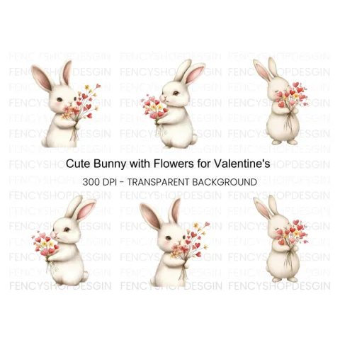 Cute Bunny with Flower Bouquets Clipart Bundle