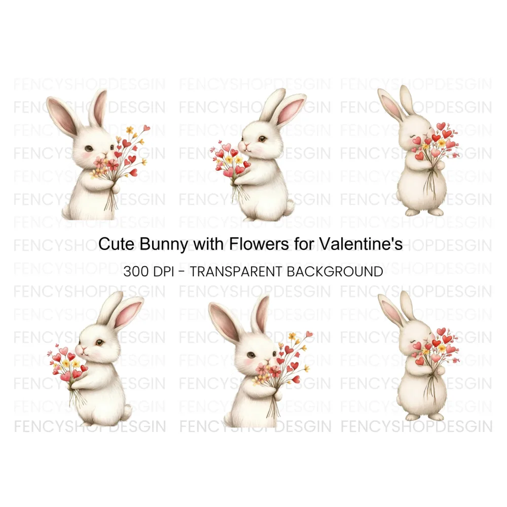 Cute Bunny with Flower Bouquets Clipart Bundle